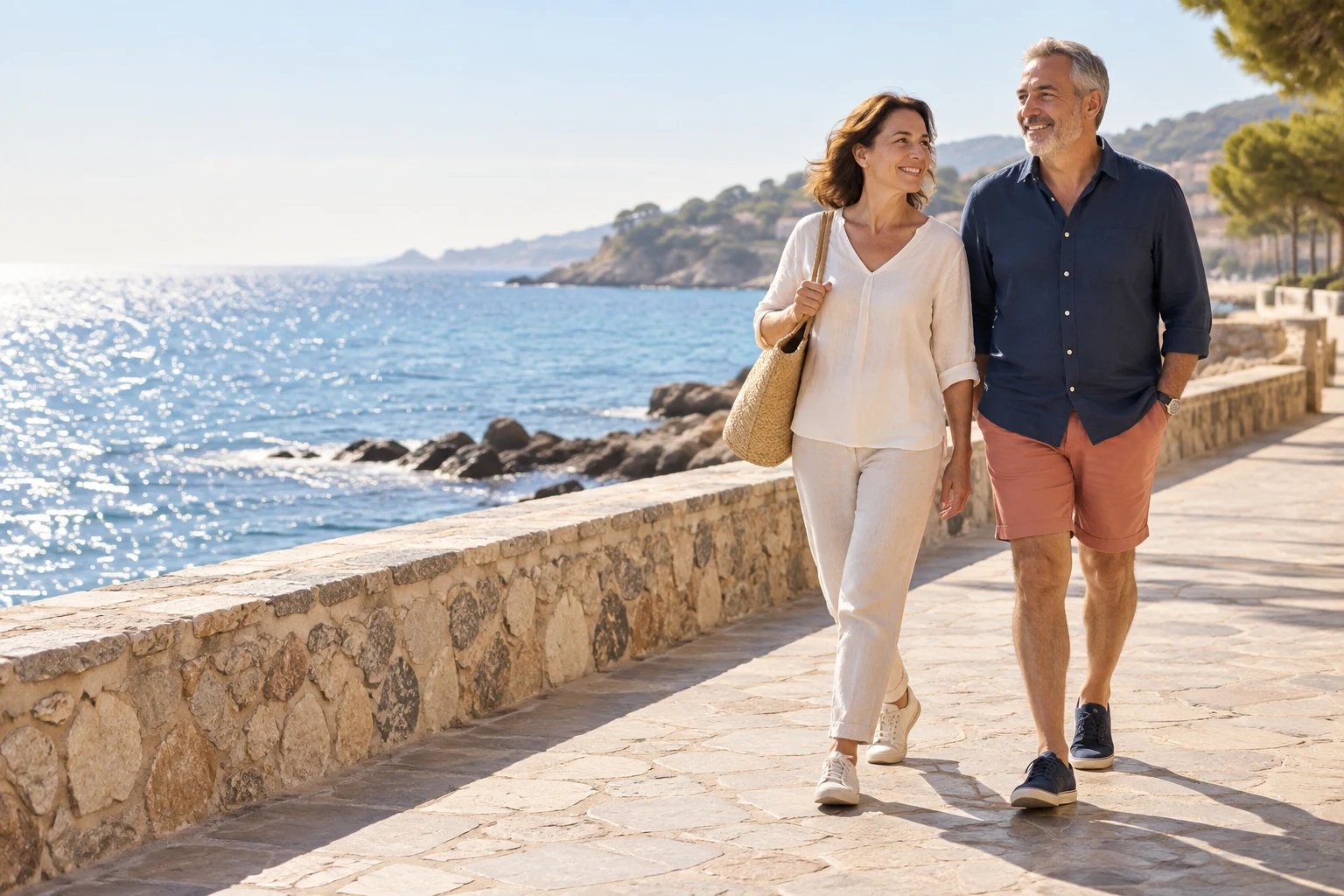 Pareja paseando por una avenida junto al mar Mediterráneo